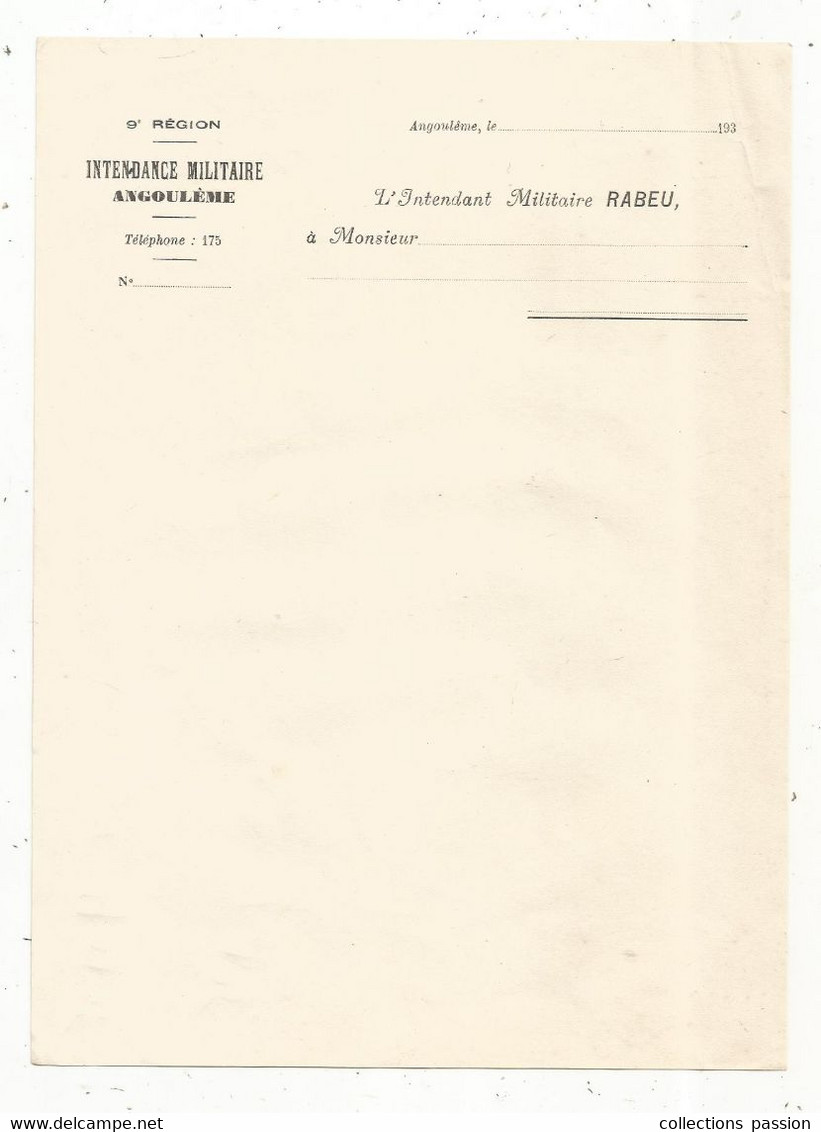 Lettre, Vierge ,9 E Région, Militaria, Intendance Militaire D'ANGOULEME, L'intendant  RABEU,193x, Frais Fr 1.65 E - Documenti