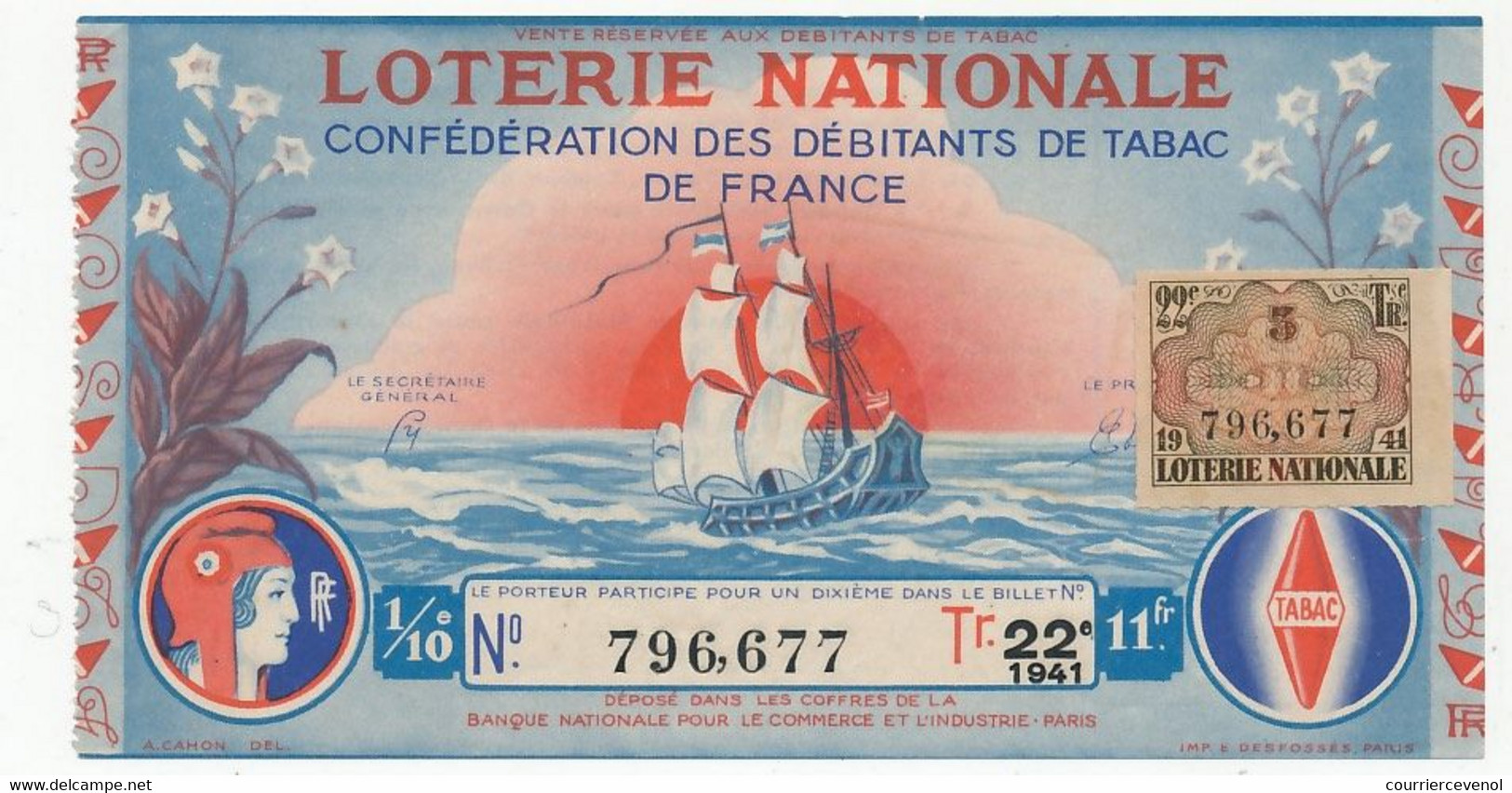 FRANCE - Loterie Nationale - 1/10° - Confédération Des Débitants De Tabac De France - 22eme Tranche 1941 - Biglietti Della Lotteria