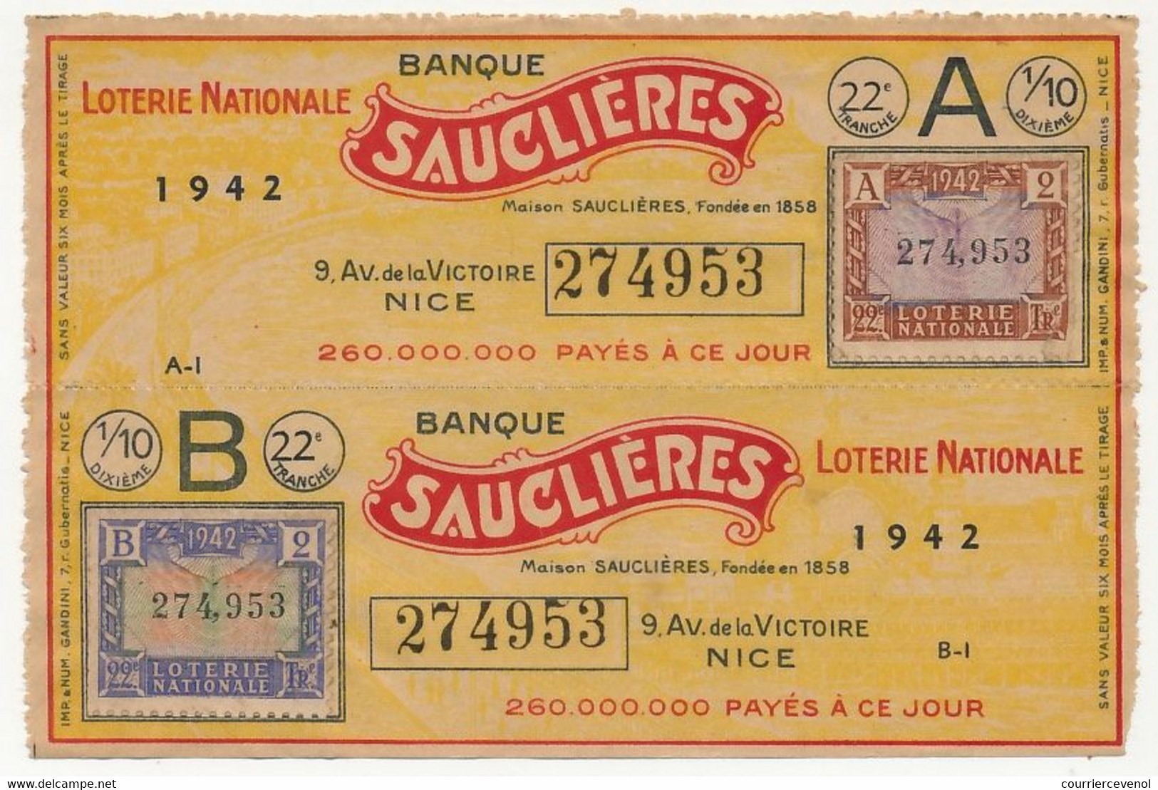 FRANCE - Loterie Nationale - 2 Billets A + B - Banque Sauclières - 22eme Tranche 1942 - Loterijbiljetten