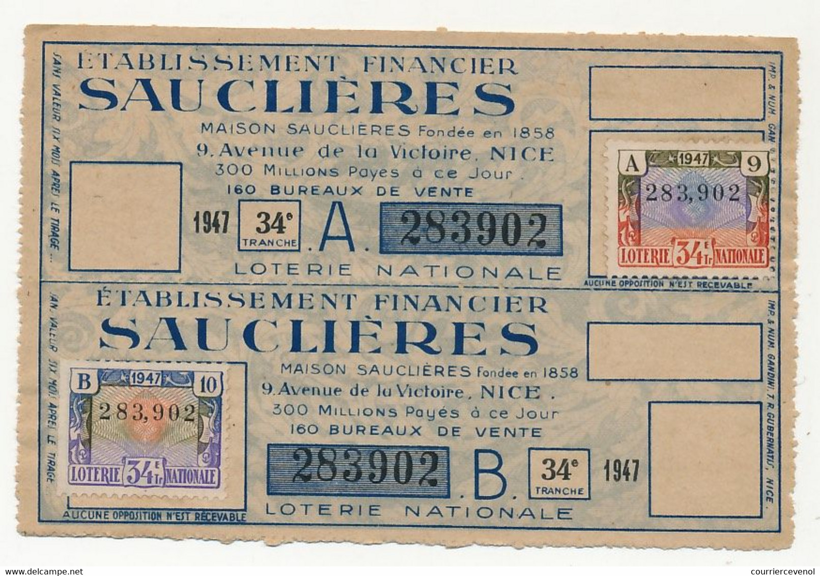 FRANCE - Loterie Nationale - 2 Billets A + B - Banque Sauclières - 34eme Tranche 1947 - Billets De Loterie