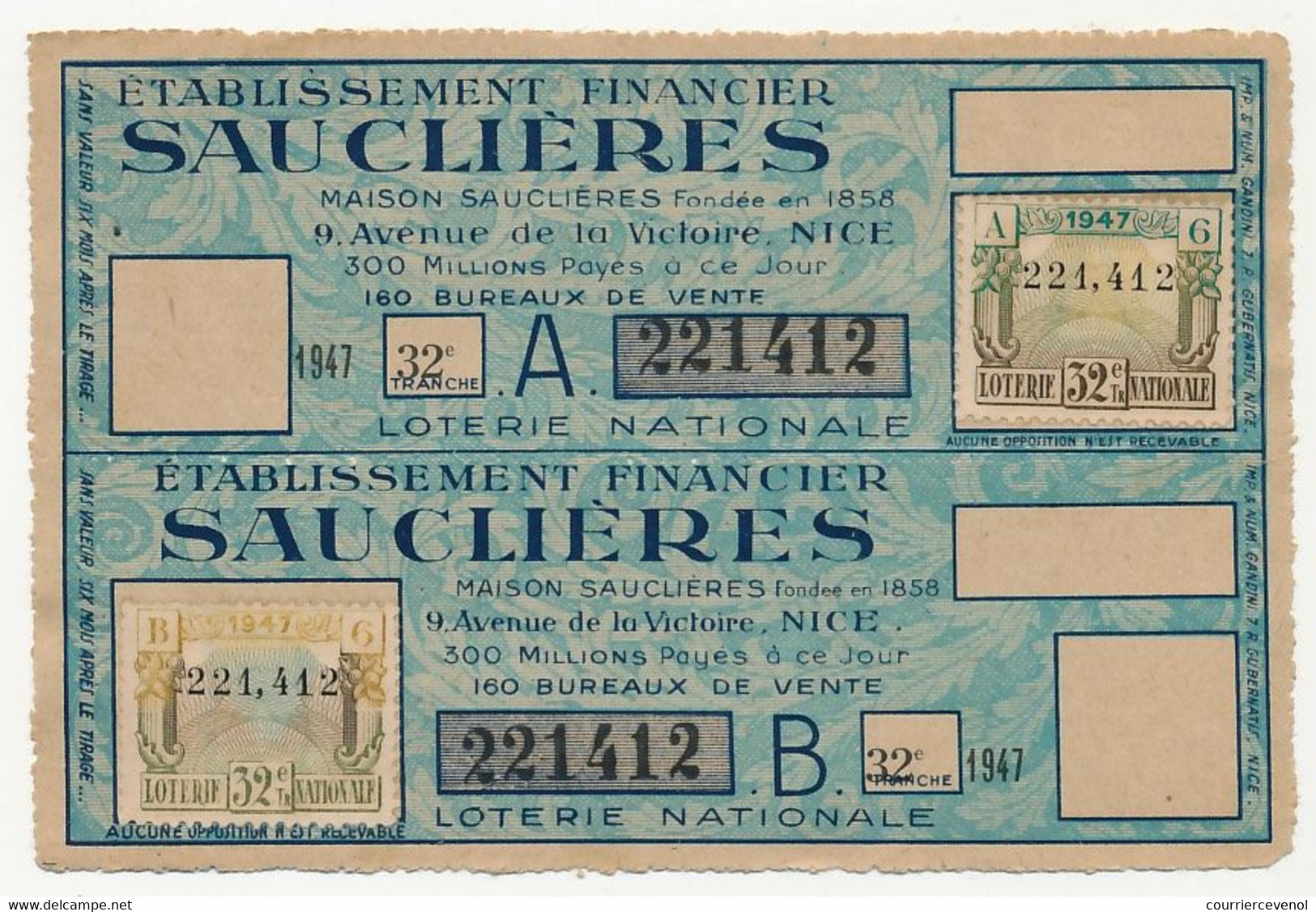 FRANCE - Loterie Nationale - 2 Billets A + B - Banque Sauclières - 32eme Tranche 1947 - Biglietti Della Lotteria