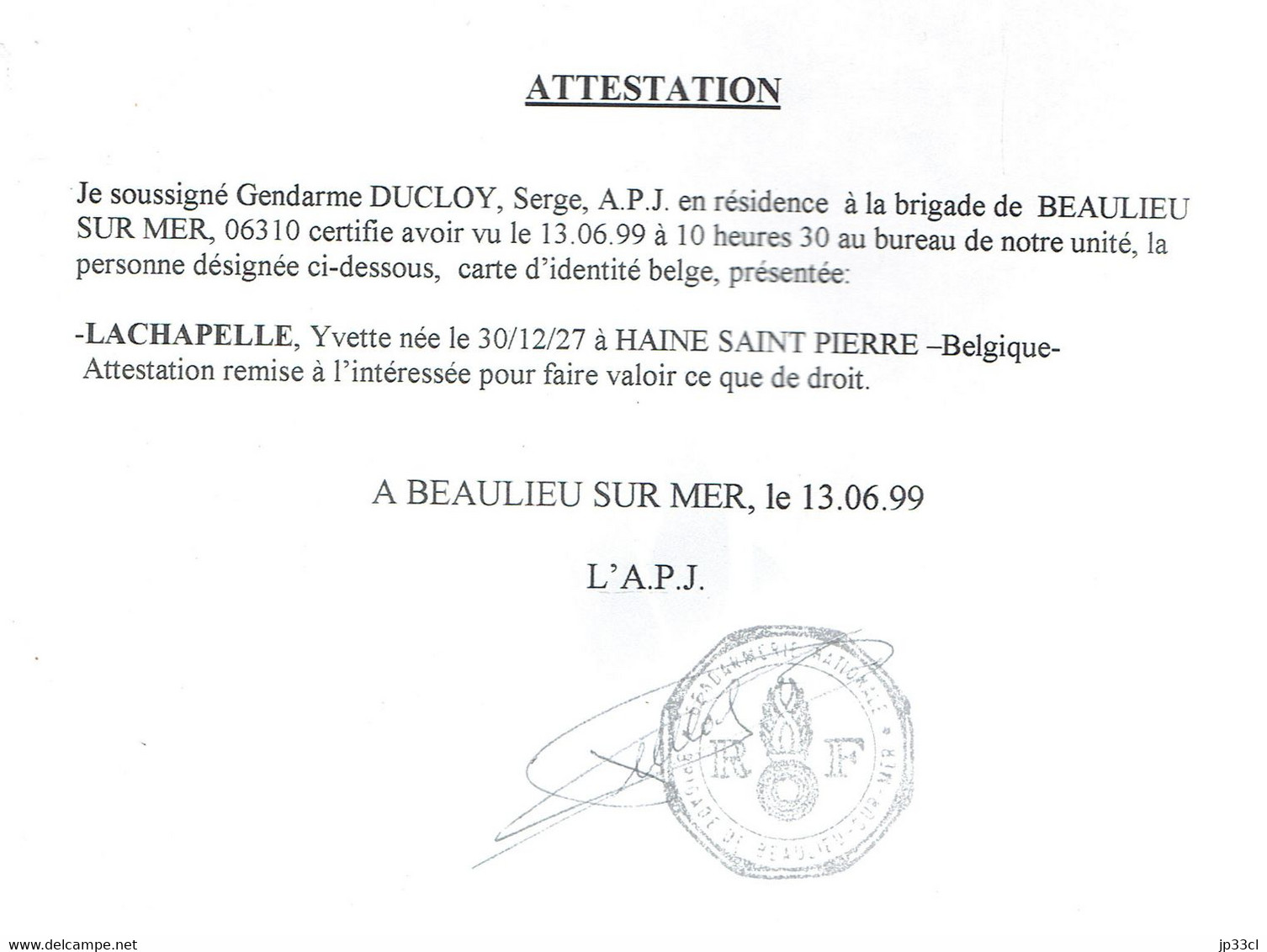 Convocation Aux élections Européennes De 1999 (La Louvière) + Attestation De Présence à L'étranger (Beaulieu Sur Mer) - Ohne Zuordnung