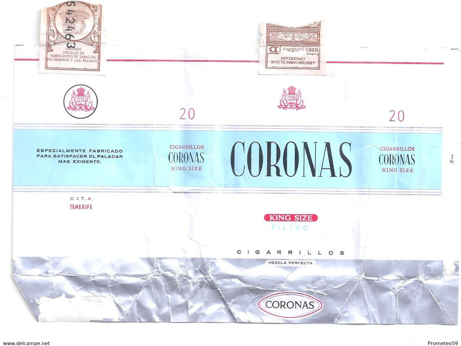 Marquilla Cigarrillos Coronas King Size- Origen: Tenerife - Contenitori Di Tabacco (vuoti)