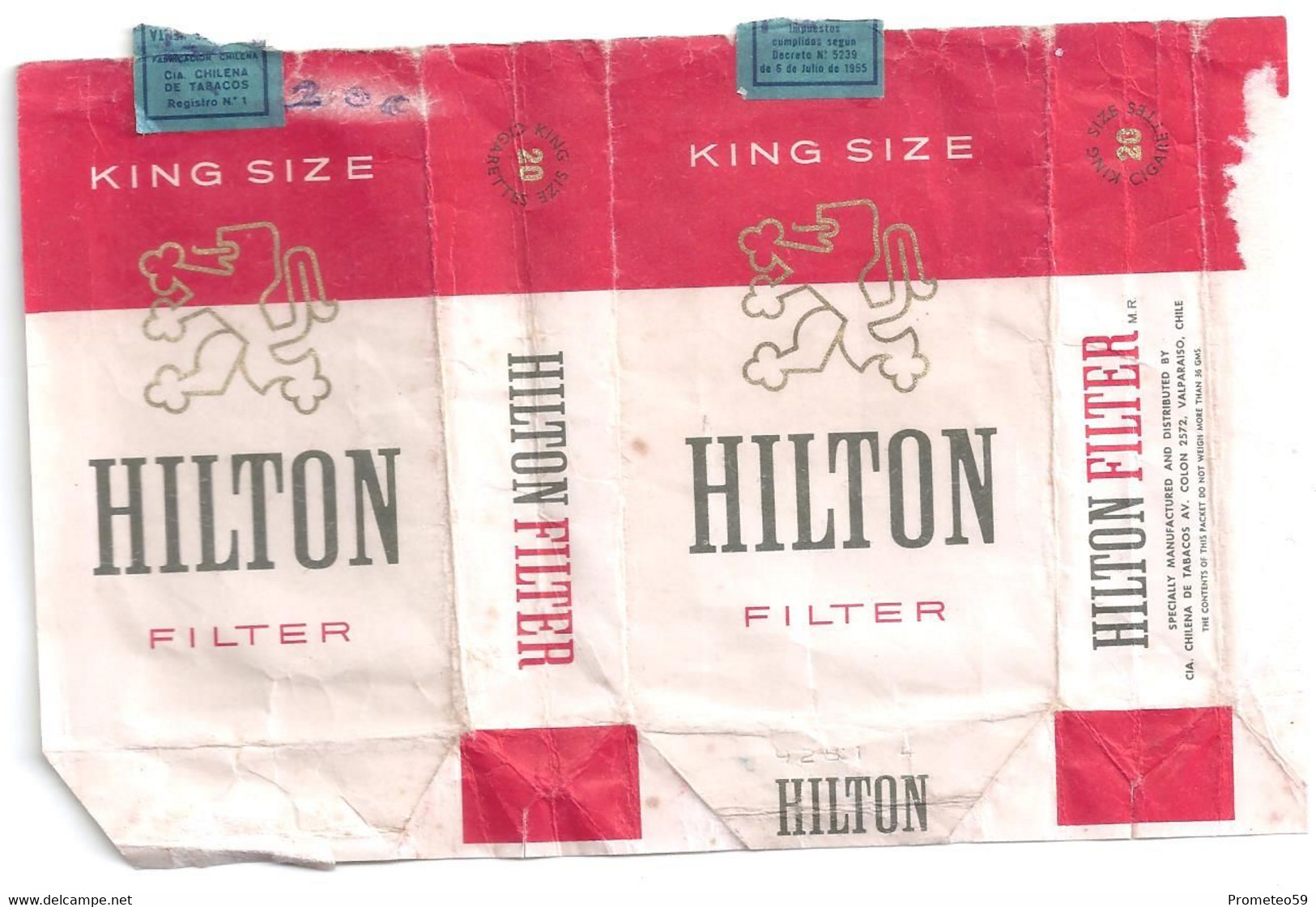 Marquilla Cigarrillos Hilton King Size - Origen: Chile - Contenitori Di Tabacco (vuoti)