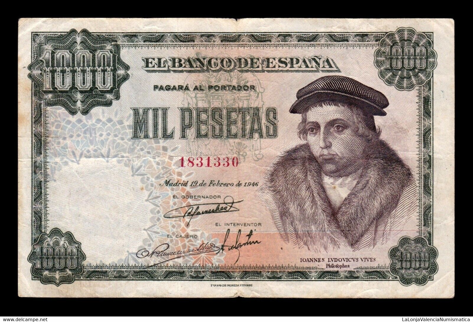 España Spain 1000 Pesetas Luis Vives 1946 Pick 133 Sin Serie MBC- AVF - 1000 Peseten