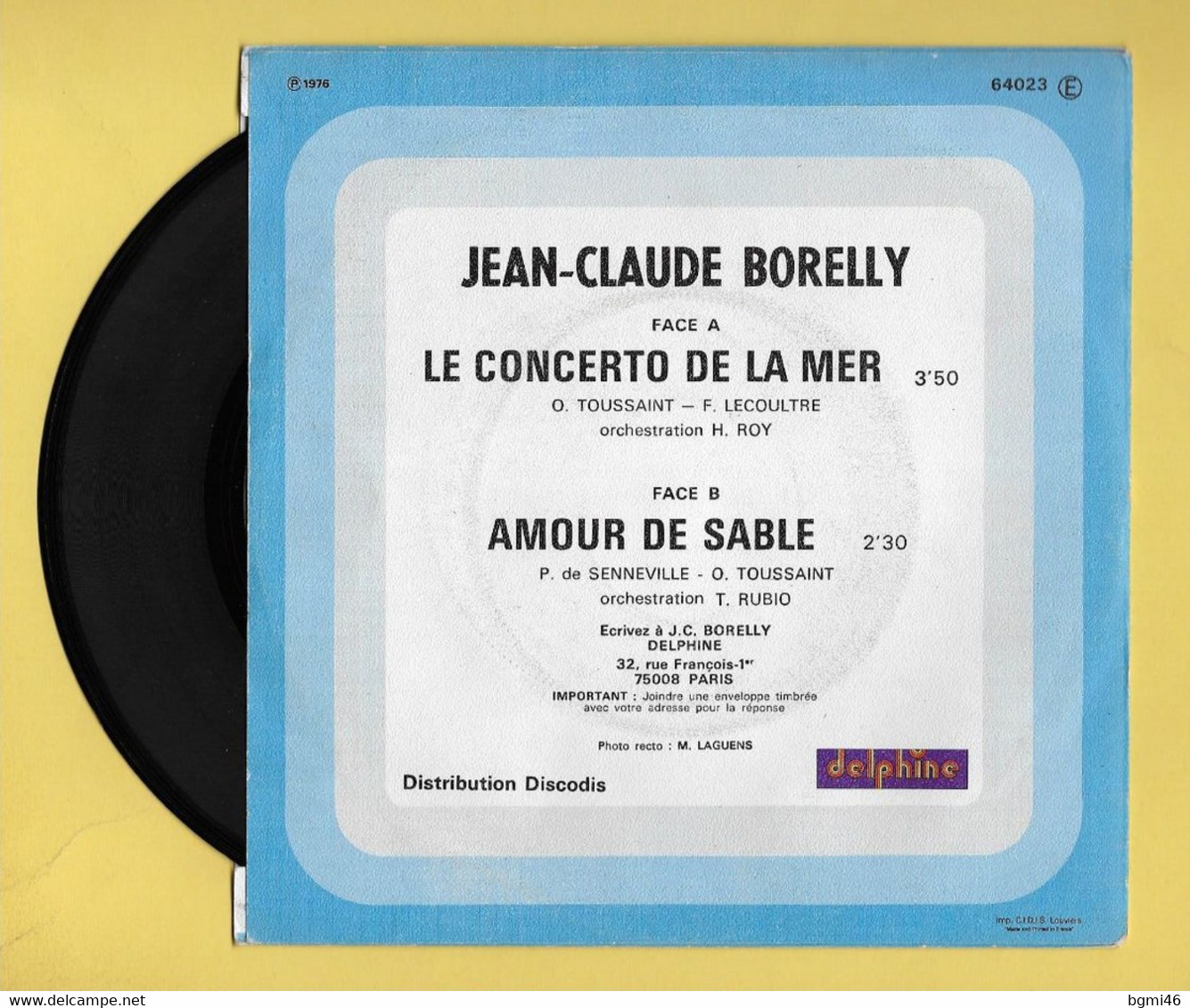 Disque Vinyle 45 Tours :  JEAN CLAUDE BORELLY  :  LE CONCERTO DE LA MER..Scan D  : Voir 2 Scans - Musicals