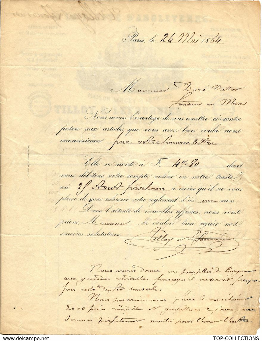 1864 SUPERBE ENTETE PARIS « A La Flotte D’Angleterre"  Grande Quincaillerie Tilloy Et Lefournier VOIR HISTORIQUE - 1800 – 1899