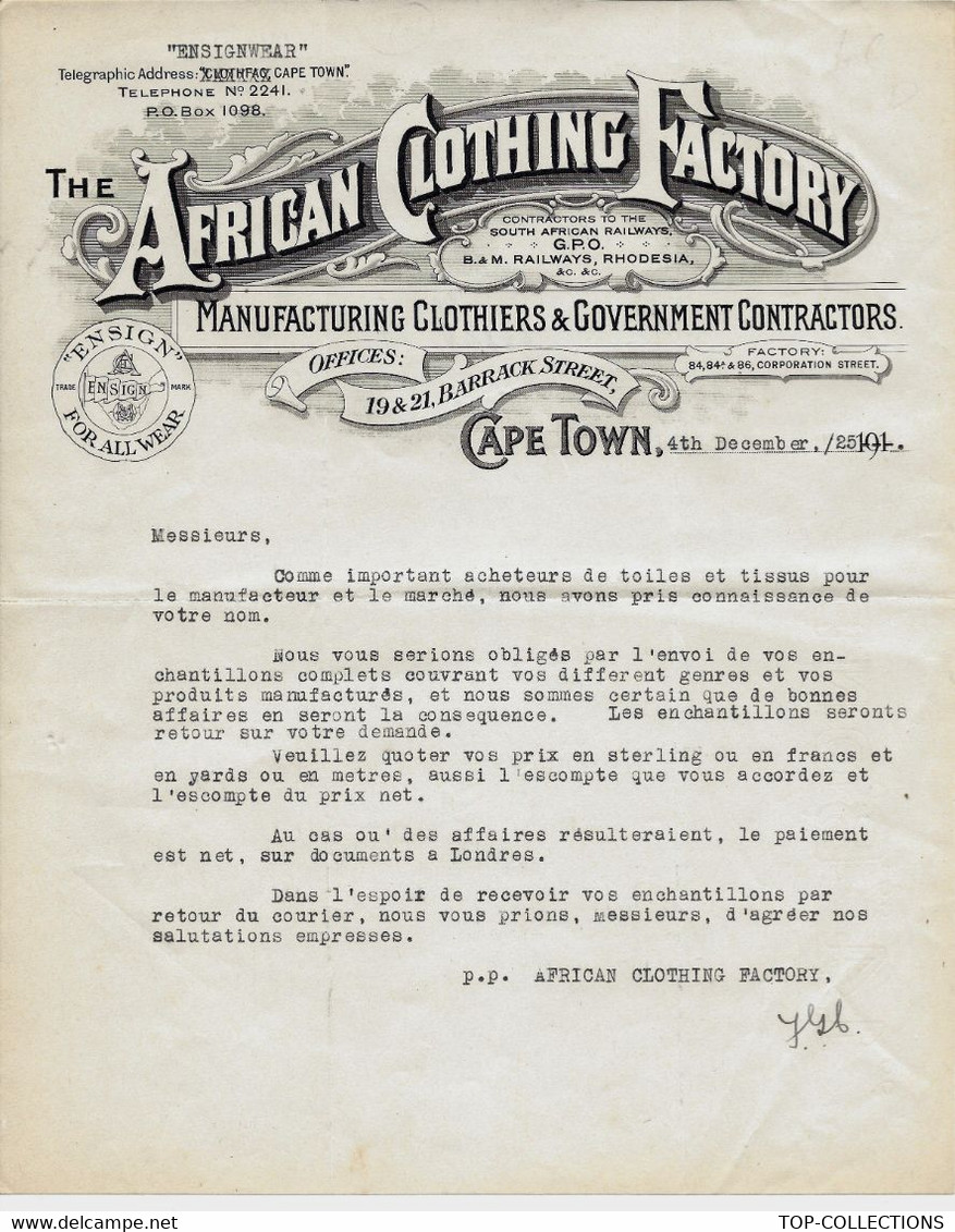 1924 Cape Town  Le Cap Afrique Du Sud   ENTETE The African Clothing Factory  LETTRE COMMERCALE SUR  BEAU PAPIER RECHERCH - Sonstige & Ohne Zuordnung