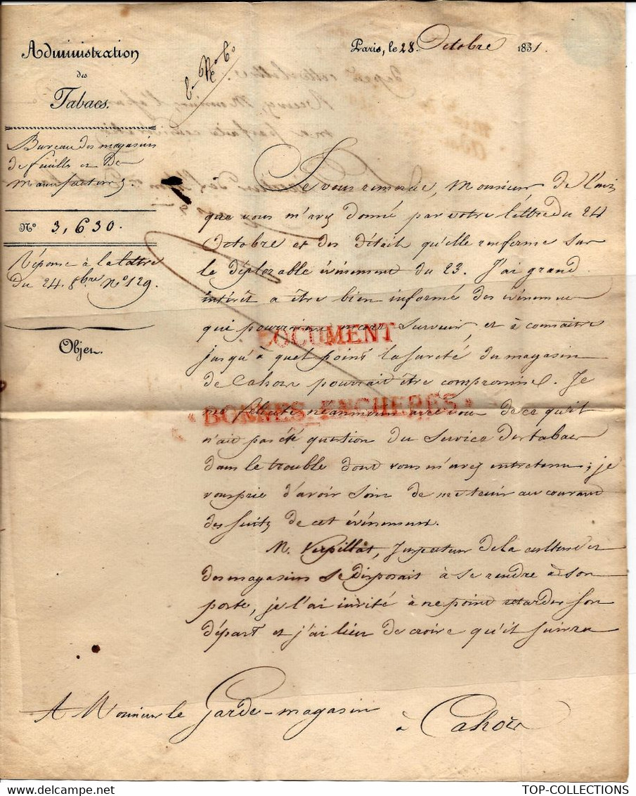 TABAC  ENTETE  ADM. DES  TABACS PARIS 1831 Pour CAHORS CACHETS ROUGES+SIGNATURE B.E.V.SCANS - Historical Documents