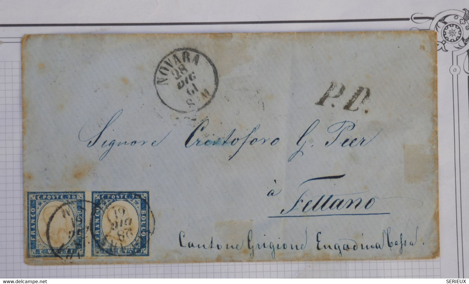 BF10  ITALIA  BELLA LETTERA RR 1861 NOVARA  A FELLANO +P.P  +PAIRE DE TP 20C BLEU + +AFFRANC. INTERESSANT   ++ - Zonder Classificatie