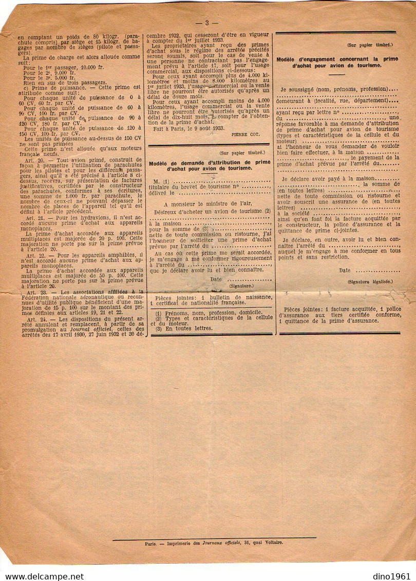 VP20.563 - RF - PARIS 1933 - Ministère De L'Air - Arrêtés Relatifs à L'Allocation De Primes D'Achat Aux Avions Privés - Décrets & Lois