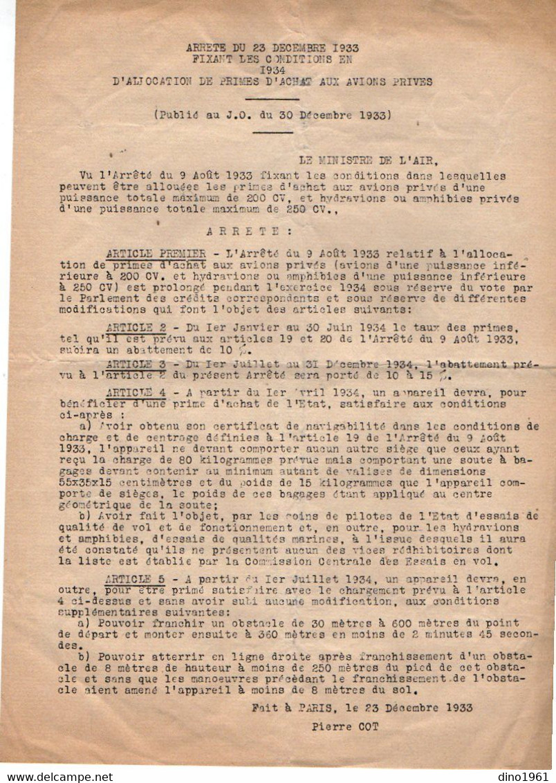 VP20.563 - RF - PARIS 1933 - Ministère De L'Air - Arrêtés Relatifs à L'Allocation De Primes D'Achat Aux Avions Privés - Décrets & Lois