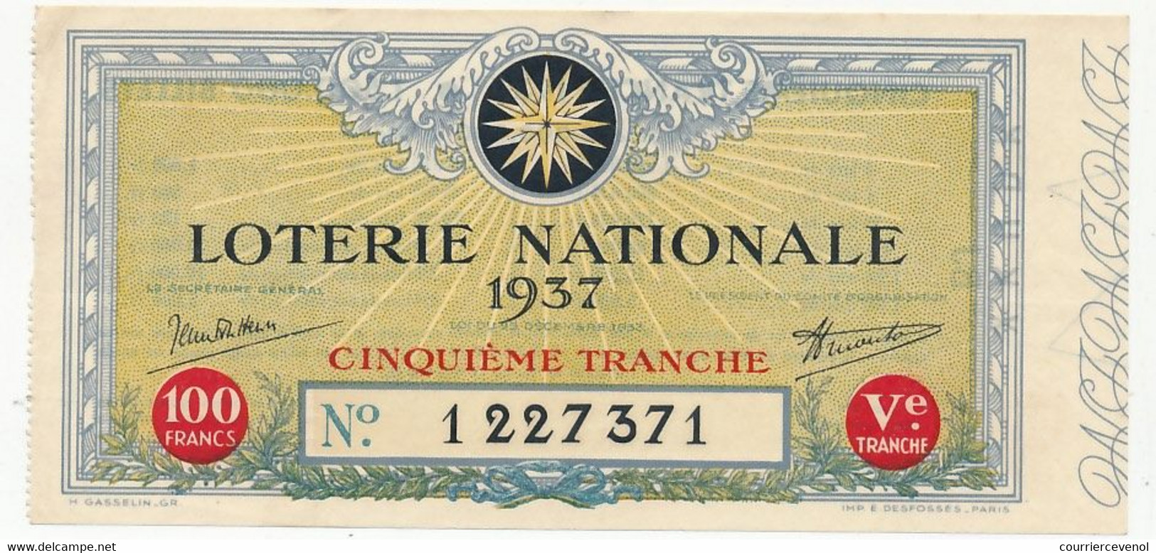 FRANCE - Loterie Nationale - Billet Entier - 5eme Tranche 1937 - Loterijbiljetten