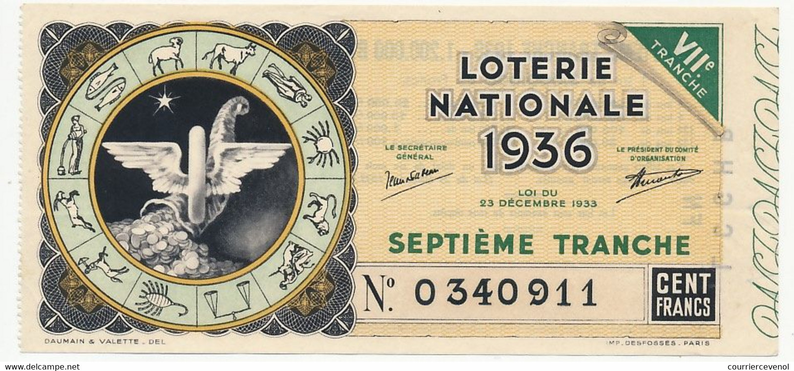 FRANCE - Loterie Nationale - Billet Entier - 7eme Tranche 1936 (Illustration Signes Du Zodiaque) - Lotterielose