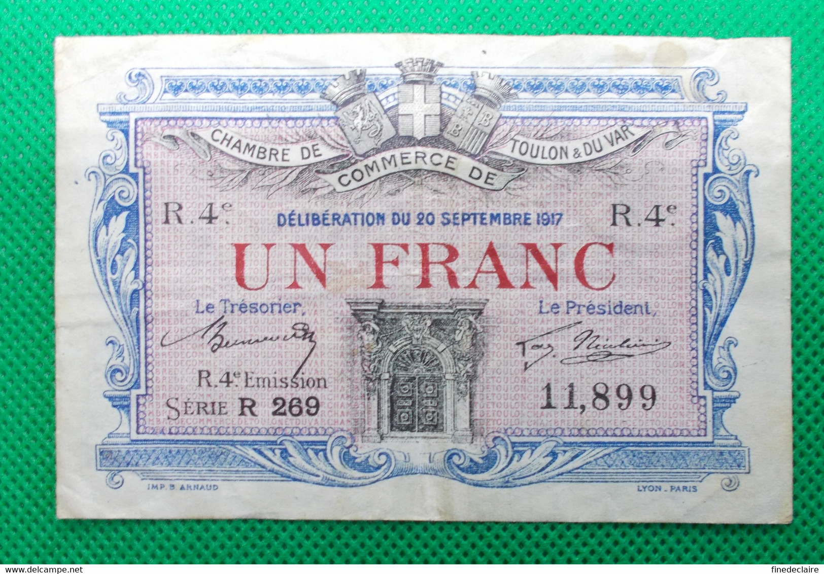 Billet Chambre De Commerce De Toulon  Var - Un Franc  R. 4° émission  Série: R 269 Sans Filigrane - 20 Septembrre 1917 - Chambre De Commerce