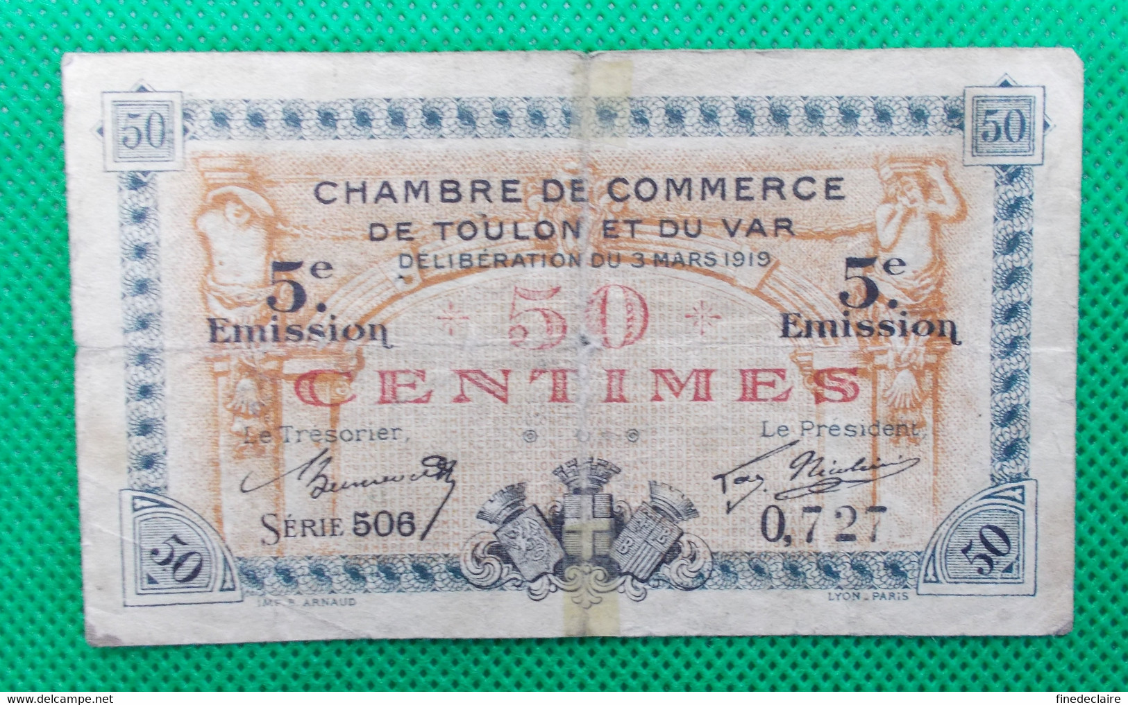 Billet Chambre De Commerce De Toulon  Var - 50 Centimes - 5° émission  Série: 506 Sans Filigrane - 3 Mars 1919 - Chambre De Commerce