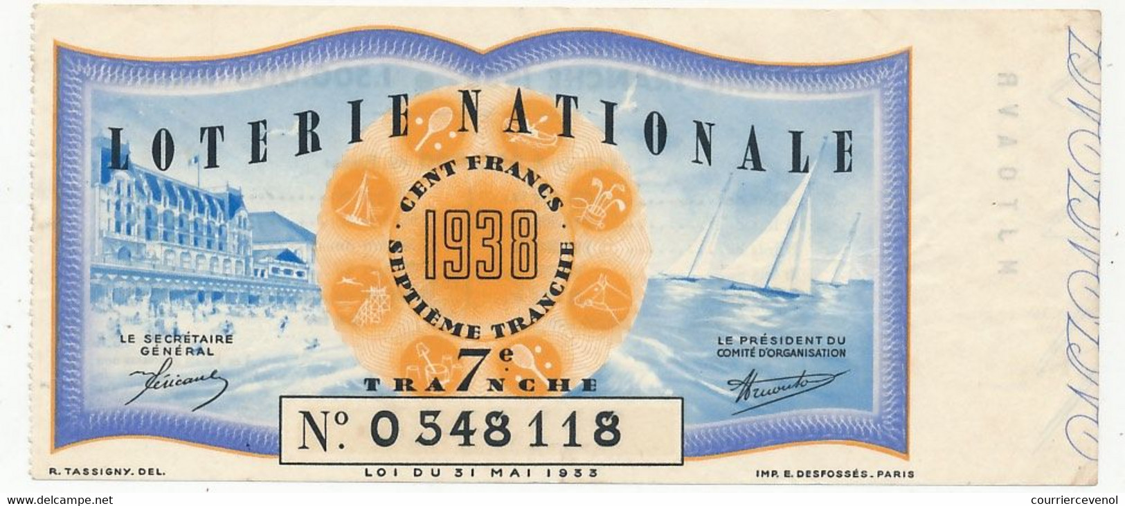 FRANCE - Loterie Nationale - Billet Entier - 7eme Tranche 1938 (Illustration Bord De Mer) - Biglietti Della Lotteria