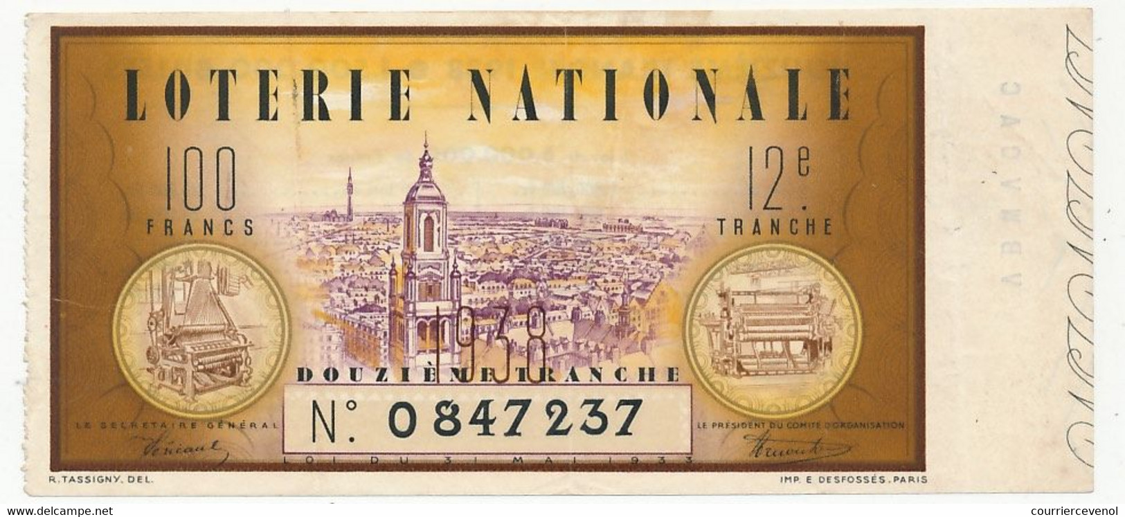 FRANCE - Loterie Nationale - Billet Entier - 12eme Tranche 1938 - Loterijbiljetten