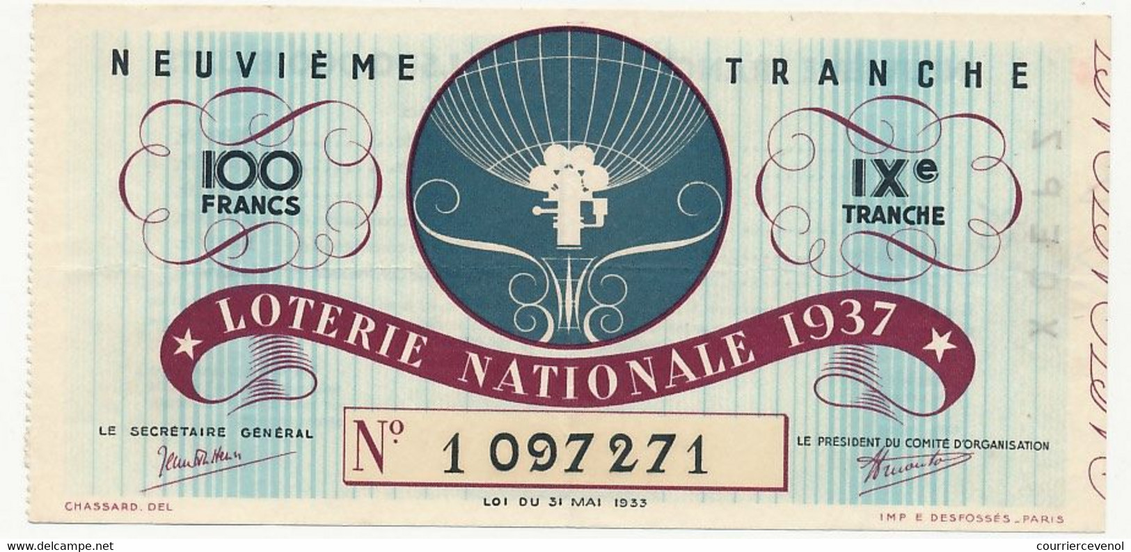 FRANCE - Loterie Nationale - Billet Entier - 9eme Tranche 1937 - Lottery Tickets