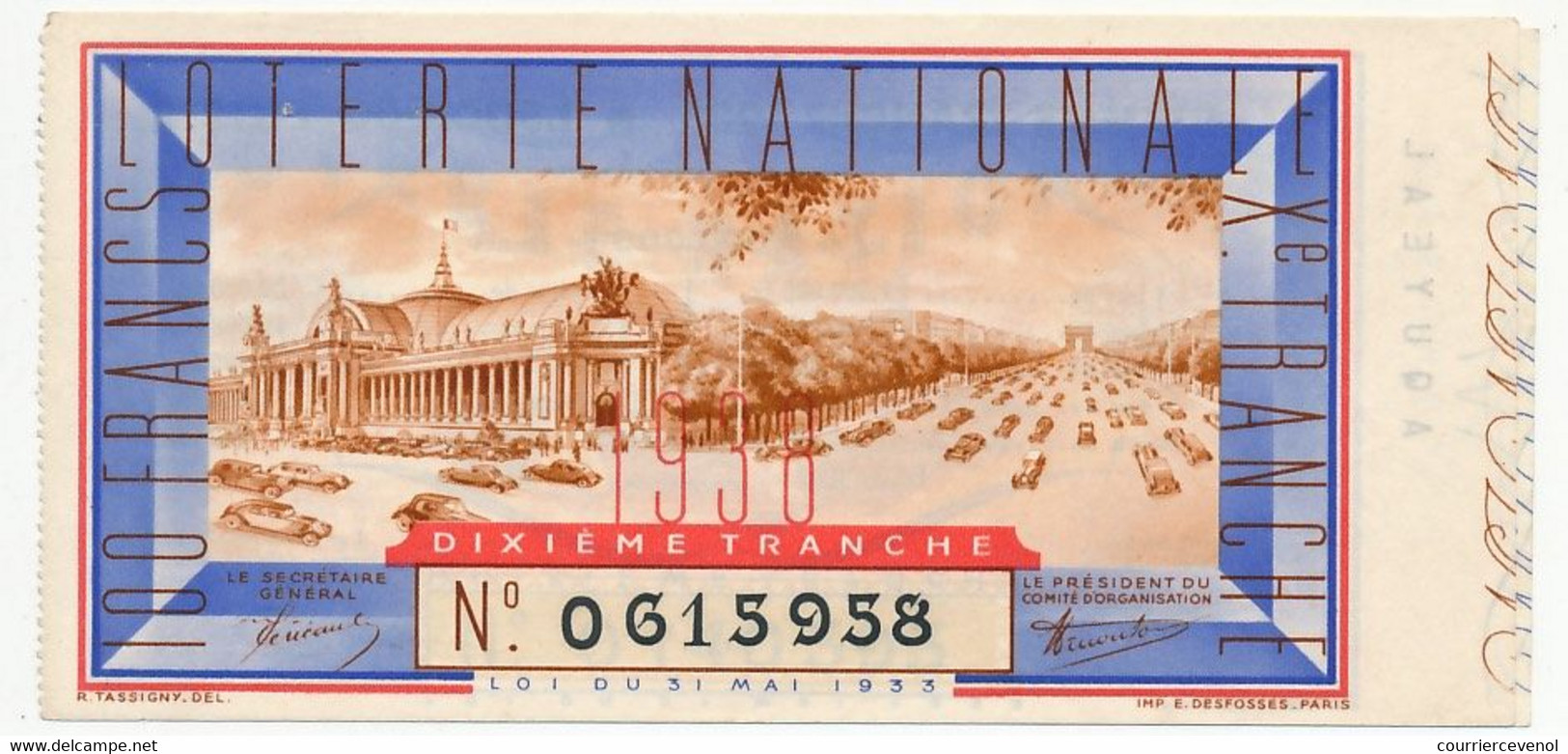 FRANCE - Loterie Nationale - Billet Entier - 10eme Tranche 1938 (illustration Champs Elysées) - Biglietti Della Lotteria