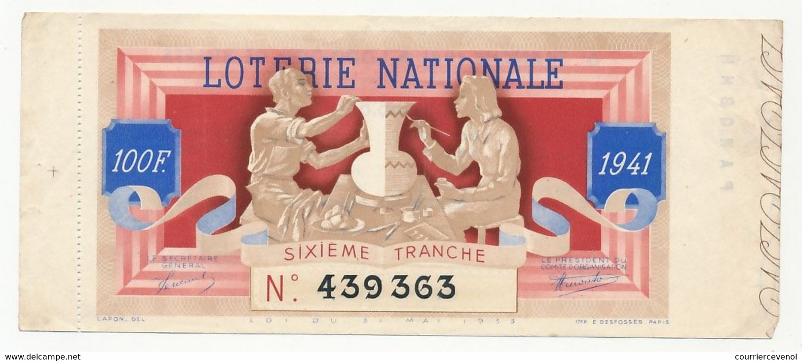 FRANCE - Loterie Nationale - Billet Entier - 6eme Tranche 1941 (Potiers) - Lottery Tickets