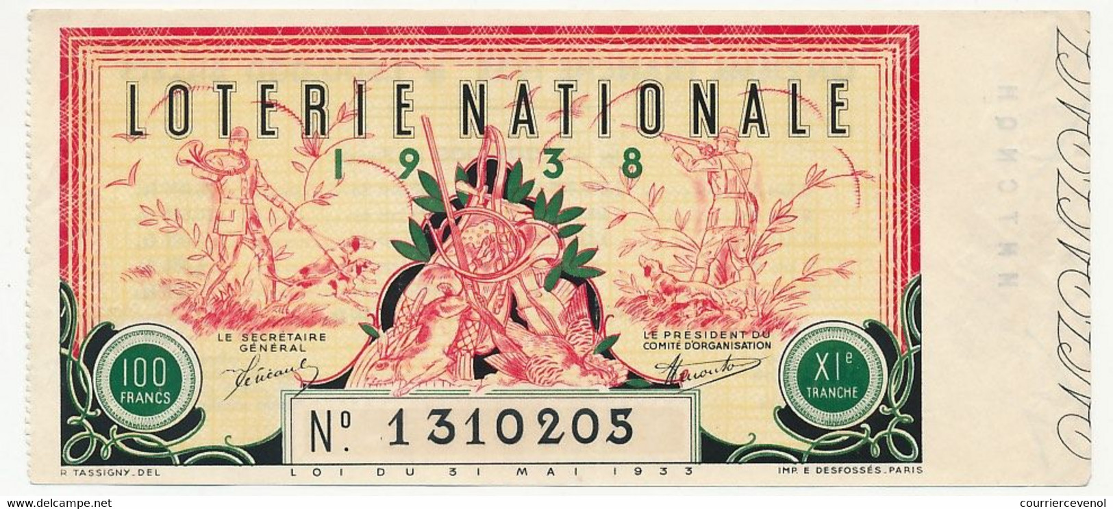 FRANCE - Loterie Nationale - Billet Entier - 11eme Tranche 1938 (Illustration Chasseurs, Cor De Chasse...) - Billets De Loterie