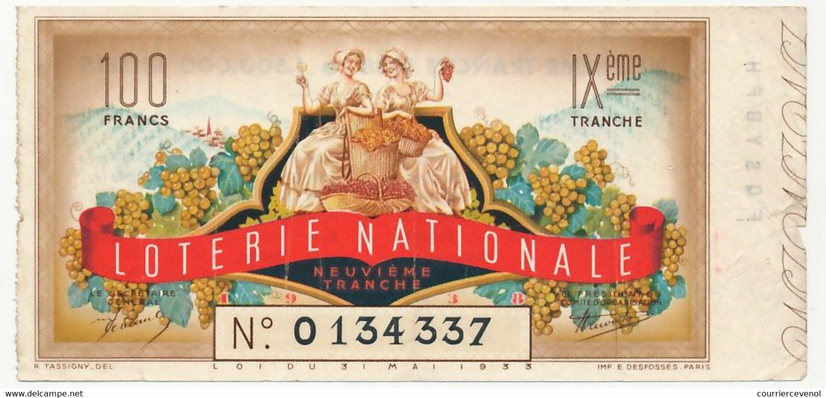 FRANCE - Loterie Nationale - Billet Entier - 9eme Tranche 1938 (Illustration Vendanges.) - Lotterielose