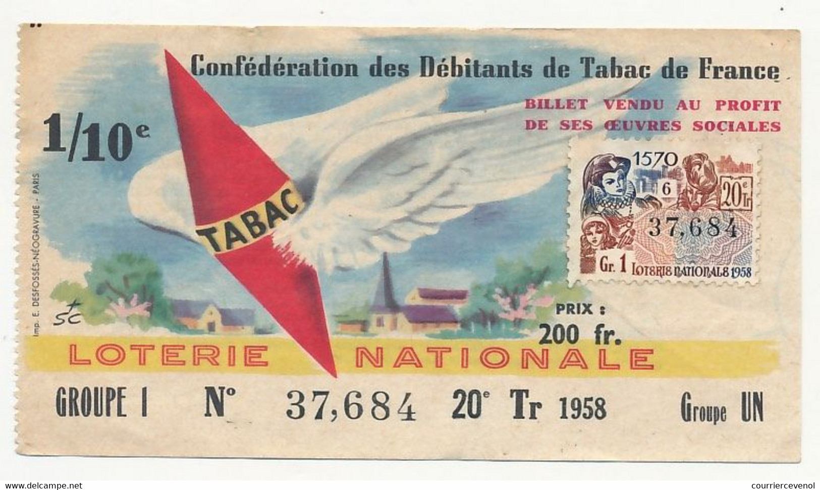 FRANCE - Loterie Nationale - 1/10e Confédération Des Débitants De Tabac De France - 20eme Tranche 1958 - Biglietti Della Lotteria