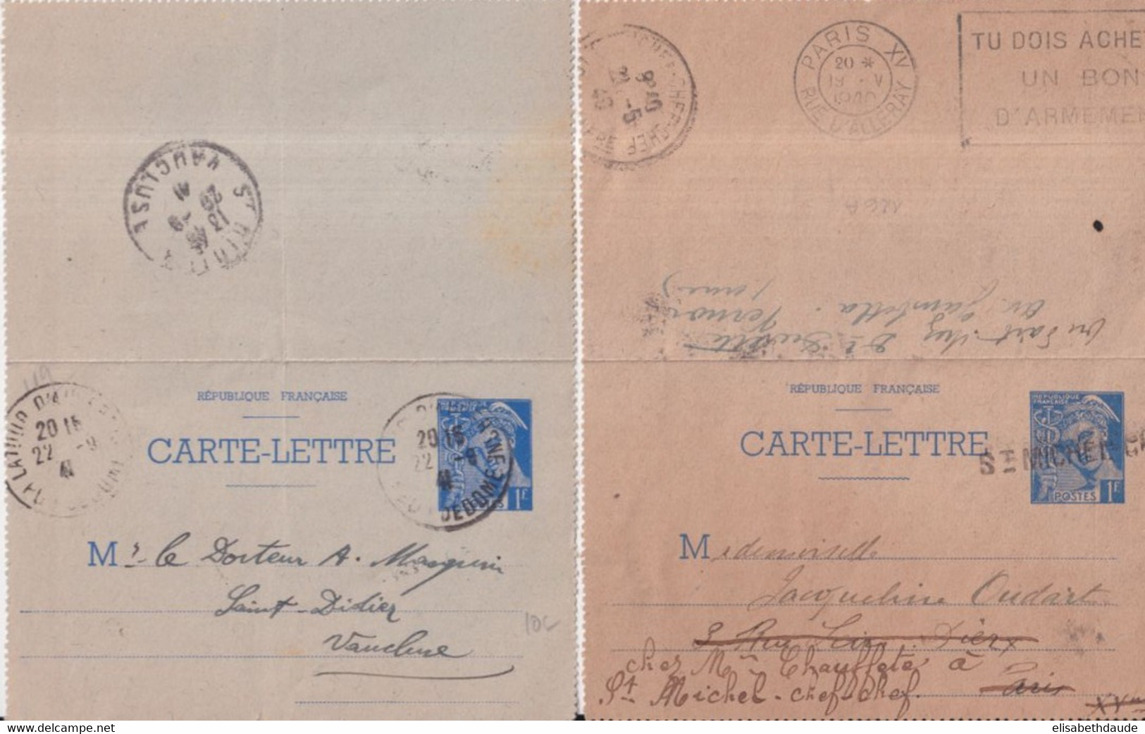 1940/41 - 2 CARTES-LETTRE ENTIER MERCURE - UNE READRESSEE ANNULATION LINEAIRE + MECA PARIS RARE - COULEURS DIFFERENTES ! - Cartes-lettres