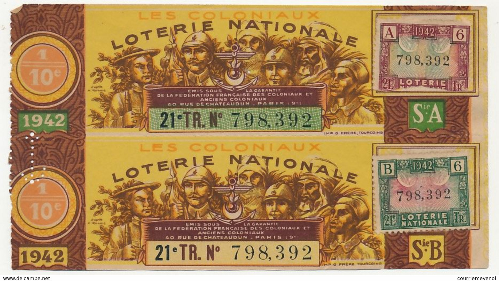 FRANCE - Loterie Nationale - 1/10e - Les Coloniaux - 21eme Tranche - 1942 - Biglietti Della Lotteria