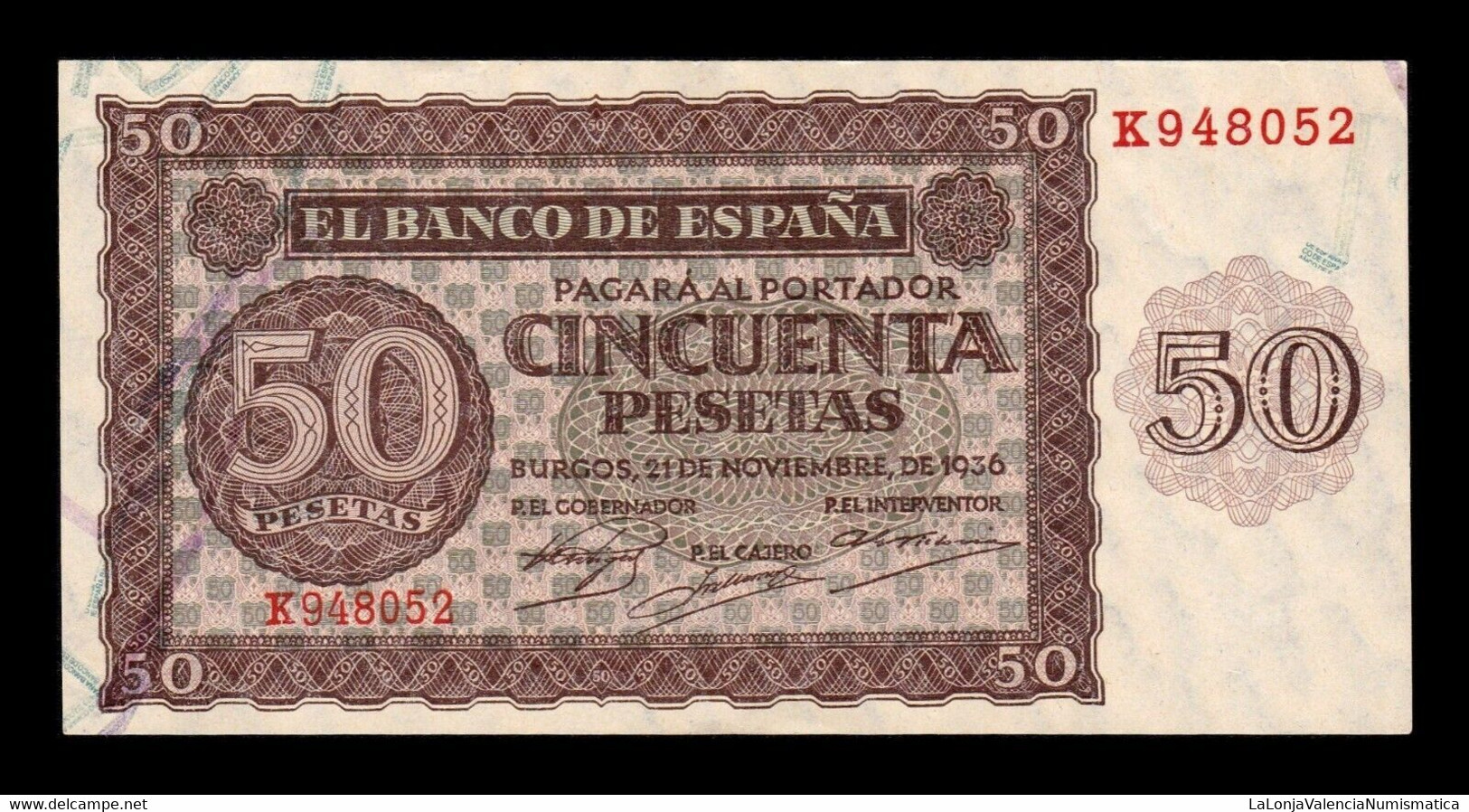 España Spain 50 Pesetas Burgos 1936 Pick 100 Serie K EBC+ XF+ - 50 Pesetas