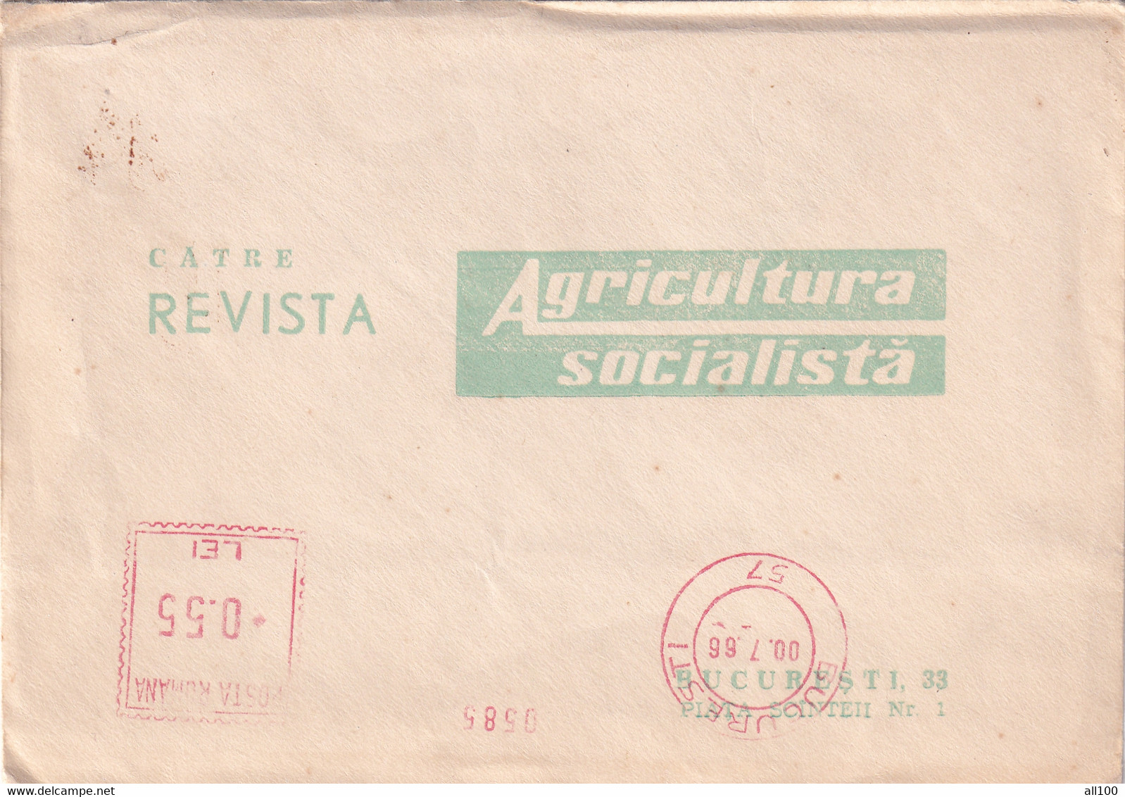 A19304 - CATRE REVISTA AGRICULTURA SOCIALISTA COVER ENVELOPE USED 1966 REPUBLICA SOCIALISTA ROMANIA RSR STAMP BUCURESTI - Covers & Documents