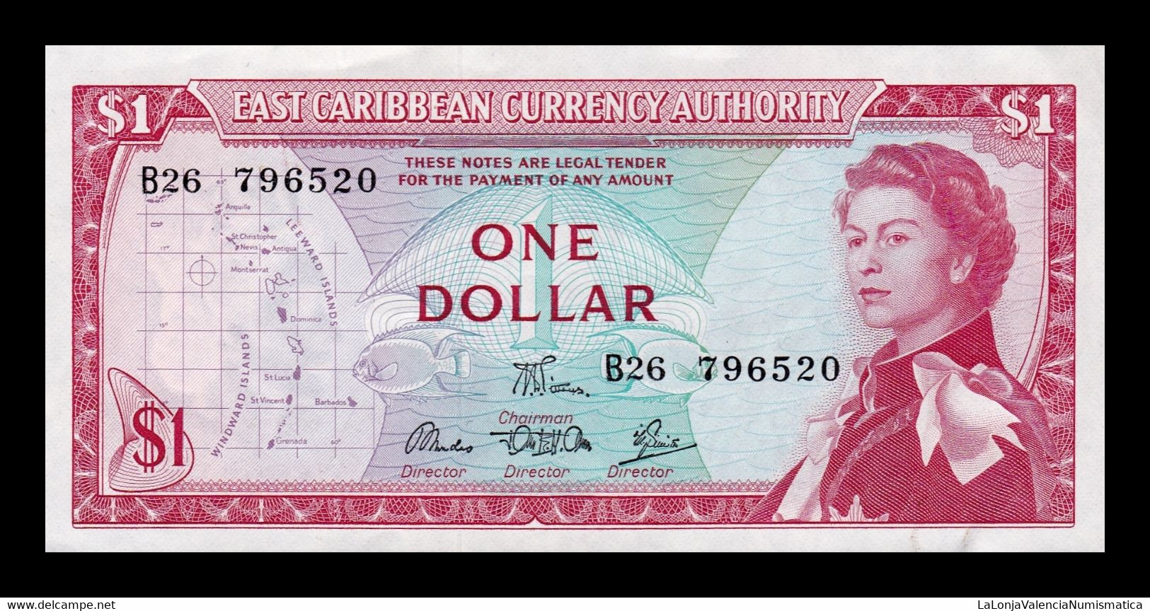 Estados Del Caribe East Caribbean 1 Dollar Elizabeth II ND (1965) Pick 13d(1) SC- AUNC - East Carribeans