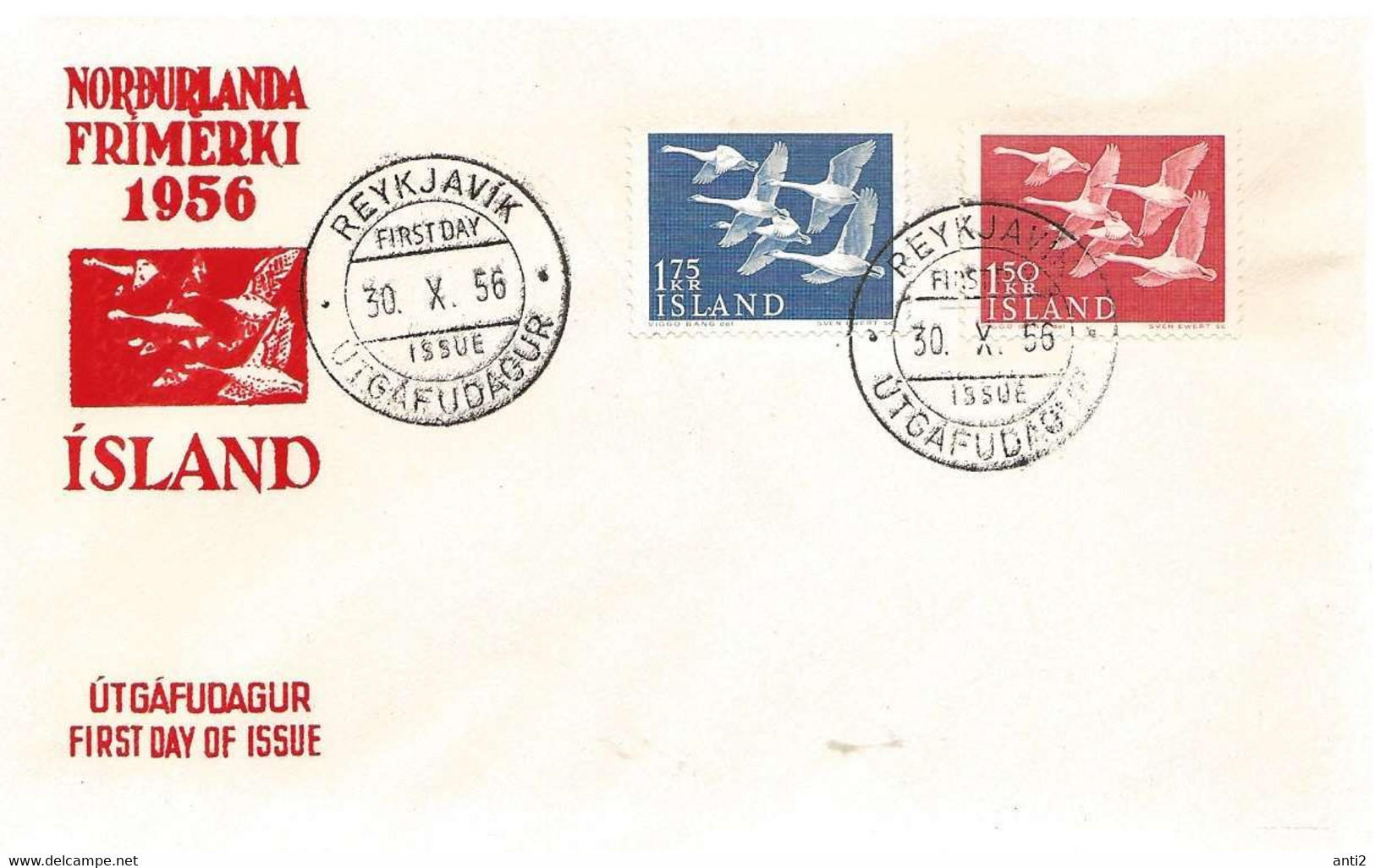 Iceland Island 1956 Norden, Northern Day, Five Whooper Swans (Cygnus Cygnus), Mi  312 - 313, FDC - Storia Postale