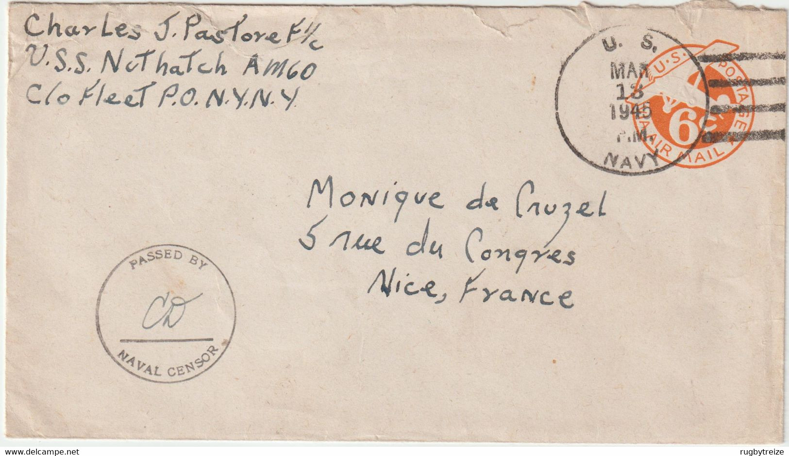 5591 USA 1945 Stationery Cover From USS Nuthat WW2 Sent To Nice Avion Plane Naval Censor Censure De Cruzel Pastore - 1941-60