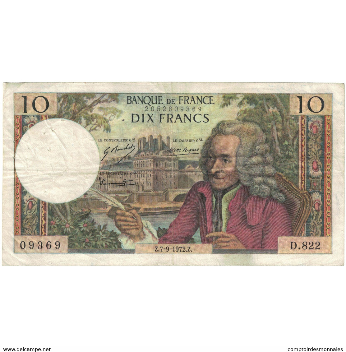 France, 10 Francs, Voltaire, 1972, D.822 09369, TB+, Fayette:62.55, KM:147d - 10 F 1963-1973 ''Voltaire''