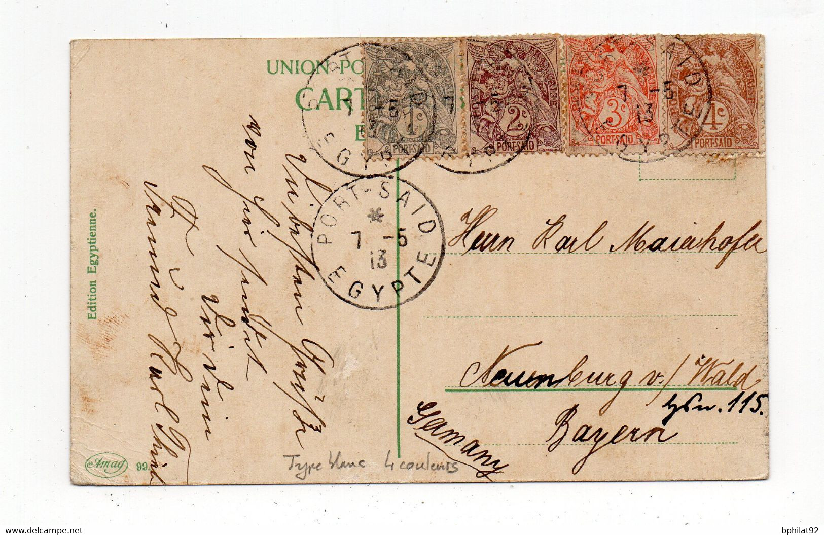 !!! PORT SAID, CPA DE 1913 POUR L'ALLEMAGNE. BEL AFFRANCH 4 COULEURS TYPE BLANC - Covers & Documents