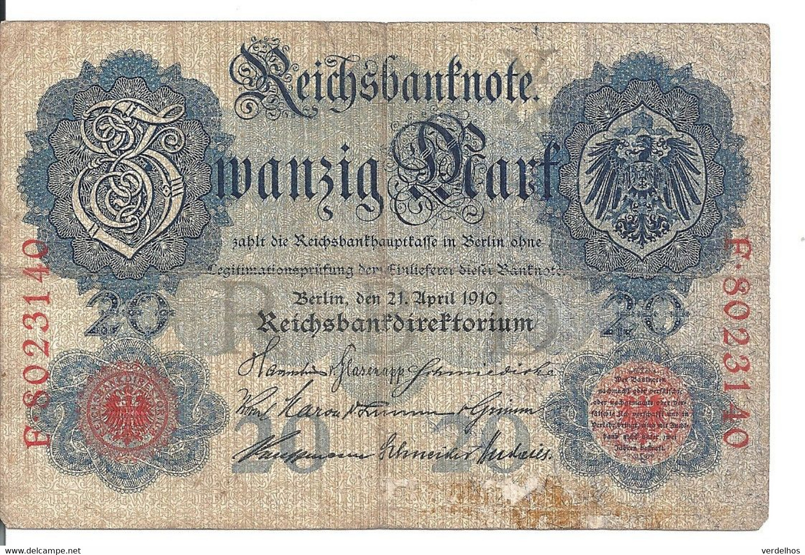 ALLEMAGNE 20 MARK 1910 VF P 40 - 20 Mark