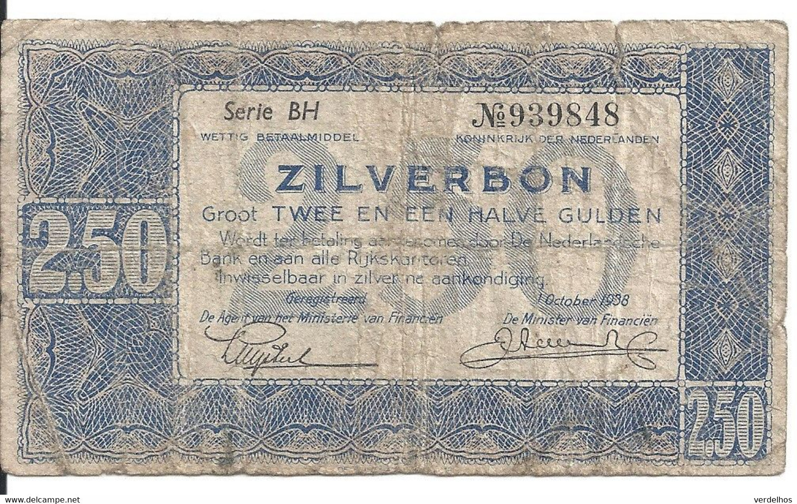 PAYS-BAS 2.50 GULDEN 1938 VG+ P 62 - 2 1/2 Gulden