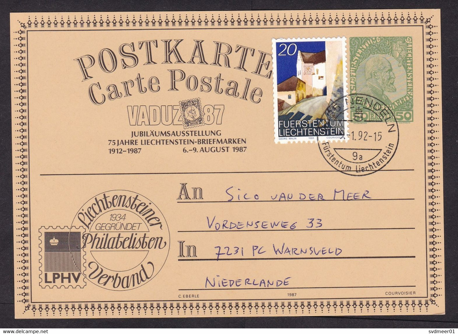 Liechtenstein: Stationery Postcard To Netherlands, 1992, 1 Extra Stamp, Philately, Postal History (traces Of Use) - Briefe U. Dokumente