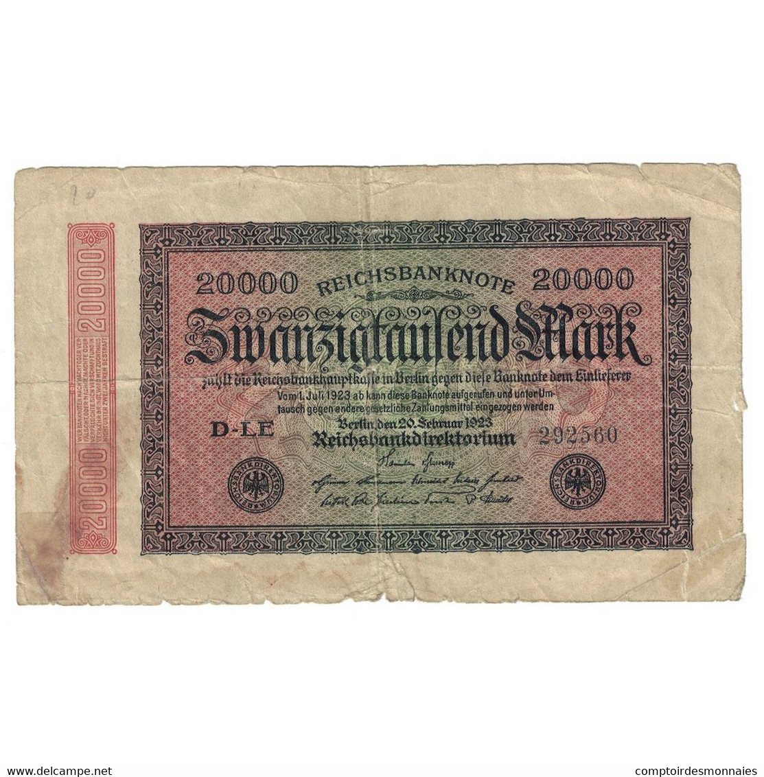 Billet, Allemagne, 20,000 Mark, 1923, 1923-02-20, KM:85b, B+ - 20.000 Mark