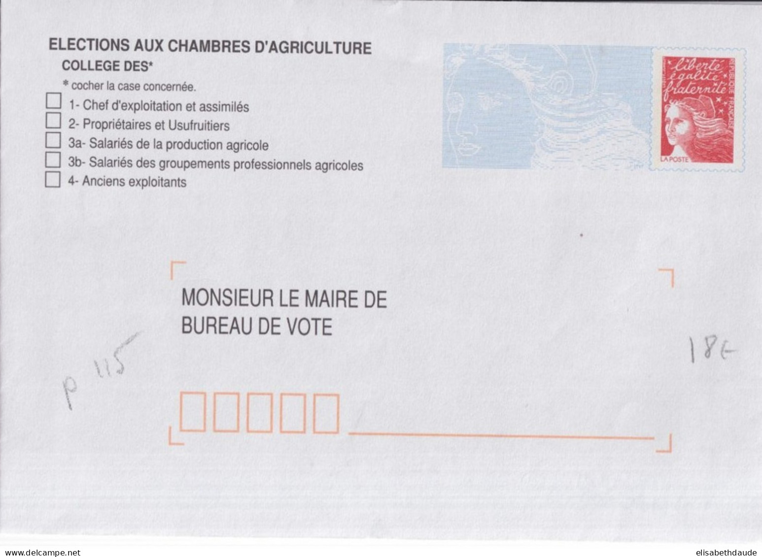 ENVELOPPE TVP REPIQUAGE DESTINEE Aux ELECTIONS AUX CHAMBRES D'AGRICULTURE ! - PAP: Aufdrucke/Luquet