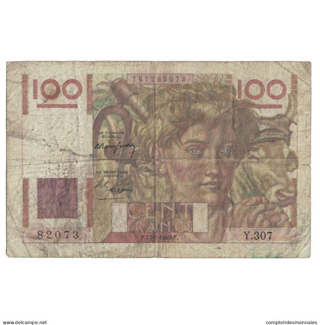 France, 100 Francs, Jeune Paysan, 1949, Y.307, B+, Fayette:28.22, KM:128b - 100 F 1945-1954 ''Jeune Paysan''