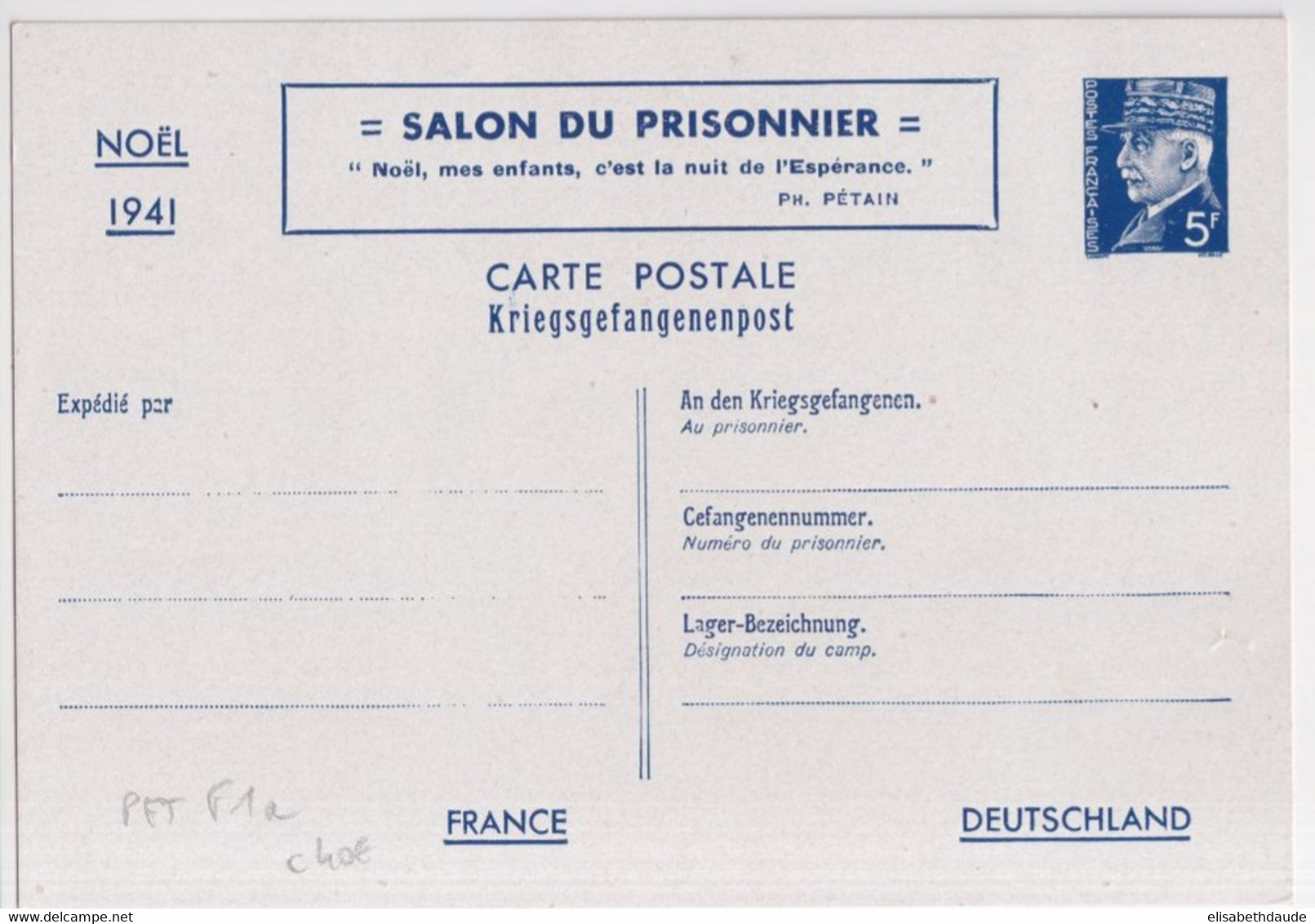 TYPE PETAIN - 1941 - CARTE ENTIER SALON DU PRISONNIER STORCH F1a - COTE = 40 EUR. - 1941-42 Pétain