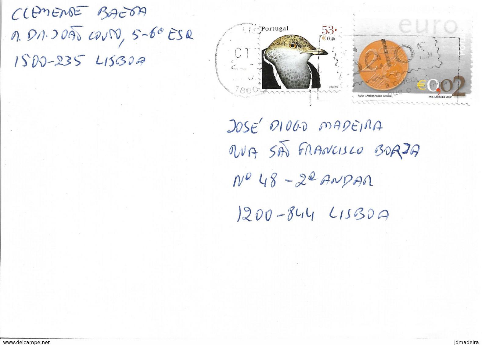 Portugal Cover With Bird And Euro Coin Stamps - Brieven En Documenten