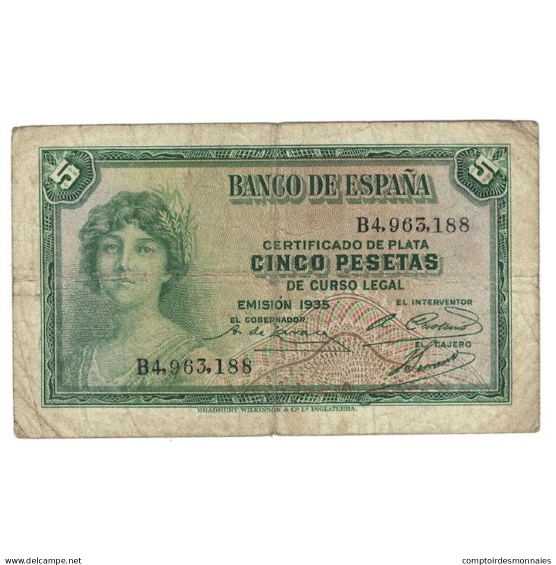 Billet, Espagne, 5 Pesetas, 1935, KM:85a, B+ - 5 Peseten