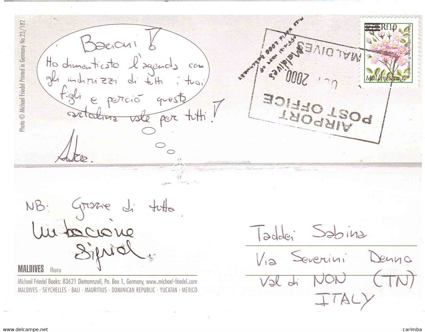 2000 CARTOLINA PER ITALIA - Maldivas