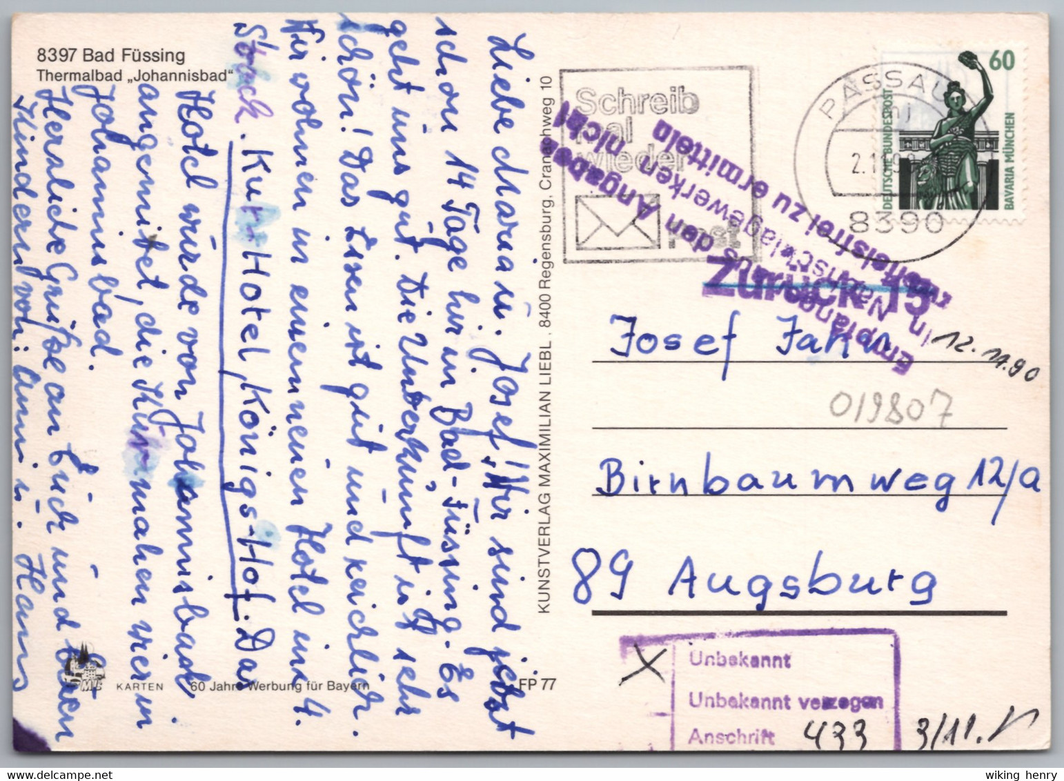 Bad Füssing - Johannesbad 14 Poststempel Zurück 15 - Empfänger A D Angaben In Nachschlagewerken N Zweifelsfrei Z Ermitte - Bad Fuessing