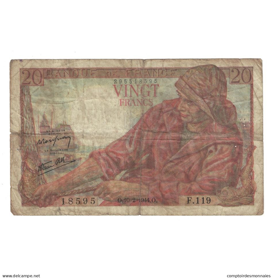 France, 20 Francs, Pêcheur, 1944, F.119, B+, Fayette:13.8, KM:100a - 20 F 1942-1950 ''Pêcheur''