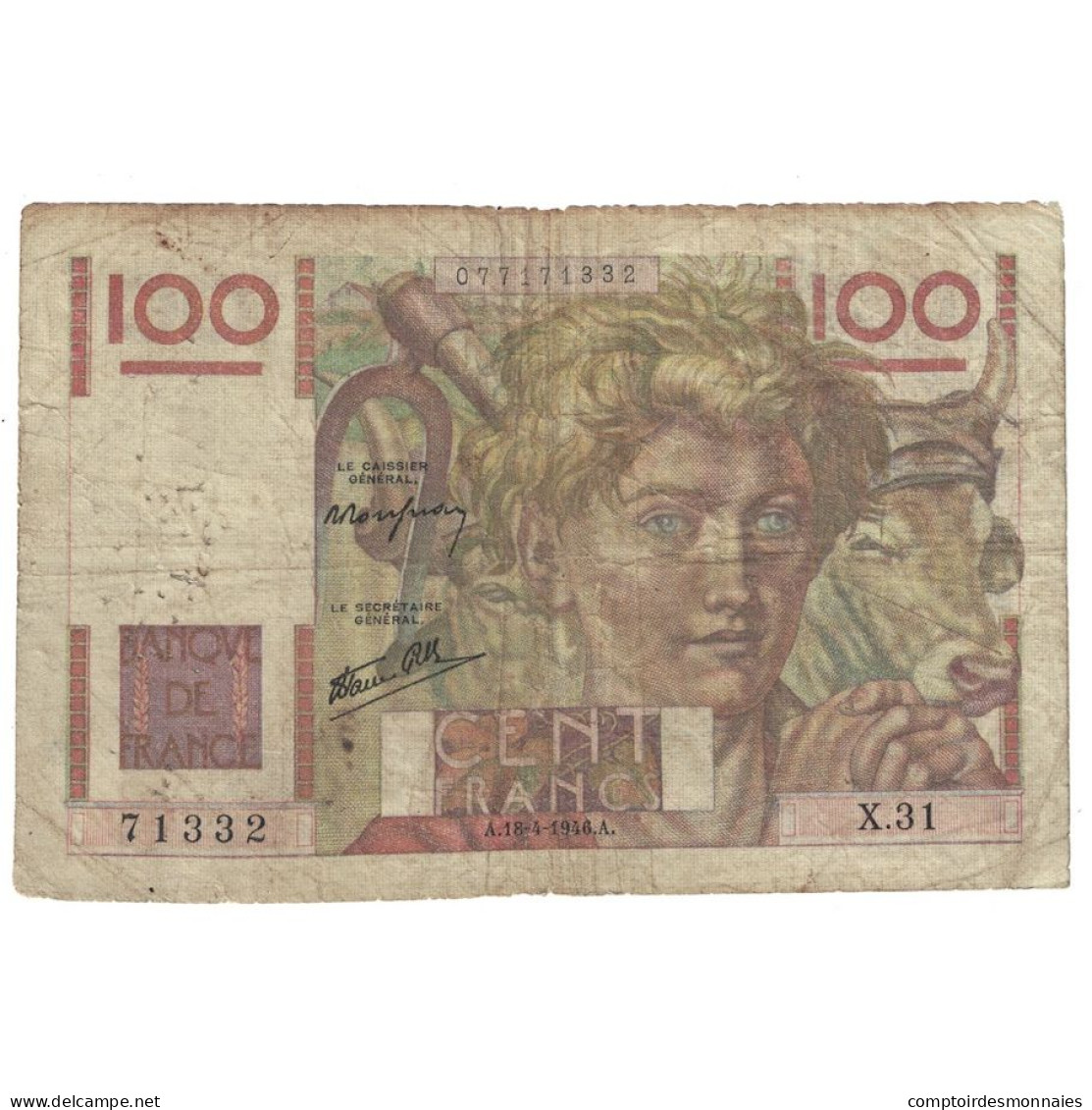 France, 100 Francs, Jeune Paysan, 1946, X.31, B+, Fayette:28.3, KM:128a - 100 F 1945-1954 ''Jeune Paysan''